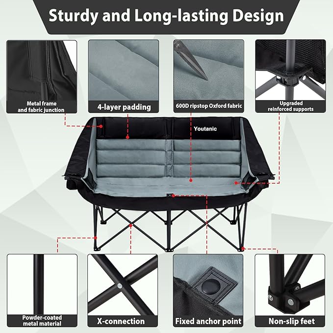 Youtanic Oversized Double Camping Chair, Folding Loveseat Camping Couch with Pocket, Cup Holder and Carry Bag, Heavy Duty Portable Camping Chairs for Adults, Fishing, Sports, Trip, up to 660lbs, Black