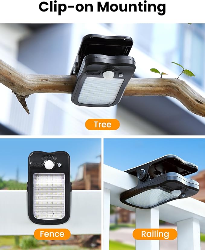 Clip on Solar Lights for Fence, 3 Modes Solar Motion Lights Outdoor Waterproof, 60LEDs 500LM Portable Security Light for Fence, Deck, Garage, Camping, USB Charging, 2 Black