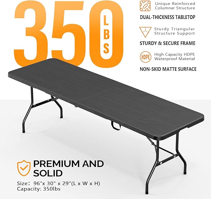 Bonnlo Folding Table 8ft, Portable Collapsible Plastic Black Long Tables for Party, Camping, Banquet, Craft, Dining, Wedding, Outdoor and Indoor Use