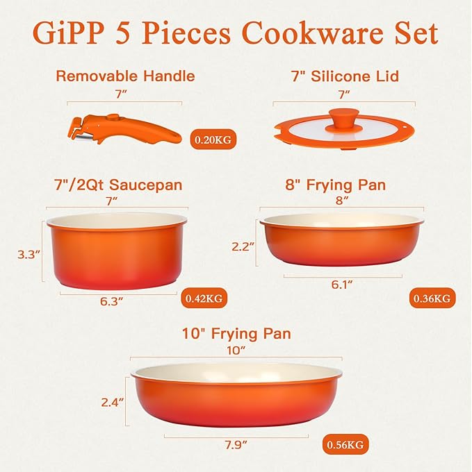 GiPP 5PCS Pots and Pans Set Non Stick, Nonstick Cookware Set Detachable Handle, Ceramic Pots for Cooking Non Stick with Removable Handle, RV Cookware Set for All Stoves, Orange Gradien