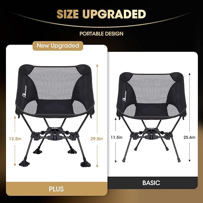 MOON LENCE Portable Camping Chair，Lightweight Backpacking Hiking Chairs,Compact,Foldable,with Anti-Sinking Large Feet for Beach,330 lbs Capacity (Black, Plus)