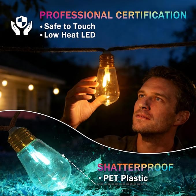(New) Outdoor String Lights, LED Patio Lights, 24FT Waterproof Shatterproof Fairy Lights, 8 Modes Colorful Hemp Rope String Lights for Garden, Yard, Party, Christmas Decor