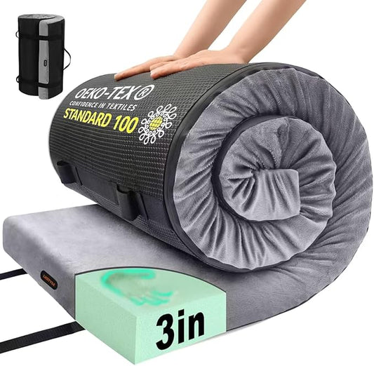Lxotvae Memory Foam Camping Mattress Pad, 3 Inch Sleeping Pad for Camping, Portable Roll Up Cot Mattress for Adults, Thick Sleeping Mat for Sleepover