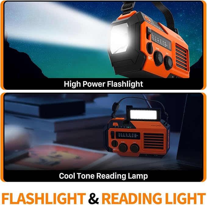 FosPower NOAA Emergency Weather Radio A6 19240mWh Portable Power Bank, AM/FM, USB/Solar/Hand Crank Charging, Battery Operated, SOS Alarm & Flashlight for Indoor/Outdoor Emergency - Orange