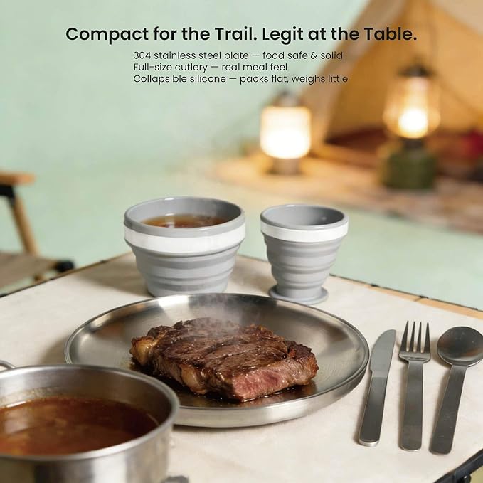 Camping Mess Kit – Compact 1-Person Tableware Set with Stainless Plate, Collapsible Silicone Bowl & Cup, and Utensils, Ideal for Solo Campers, Scouts, Family Camping & Car Trips