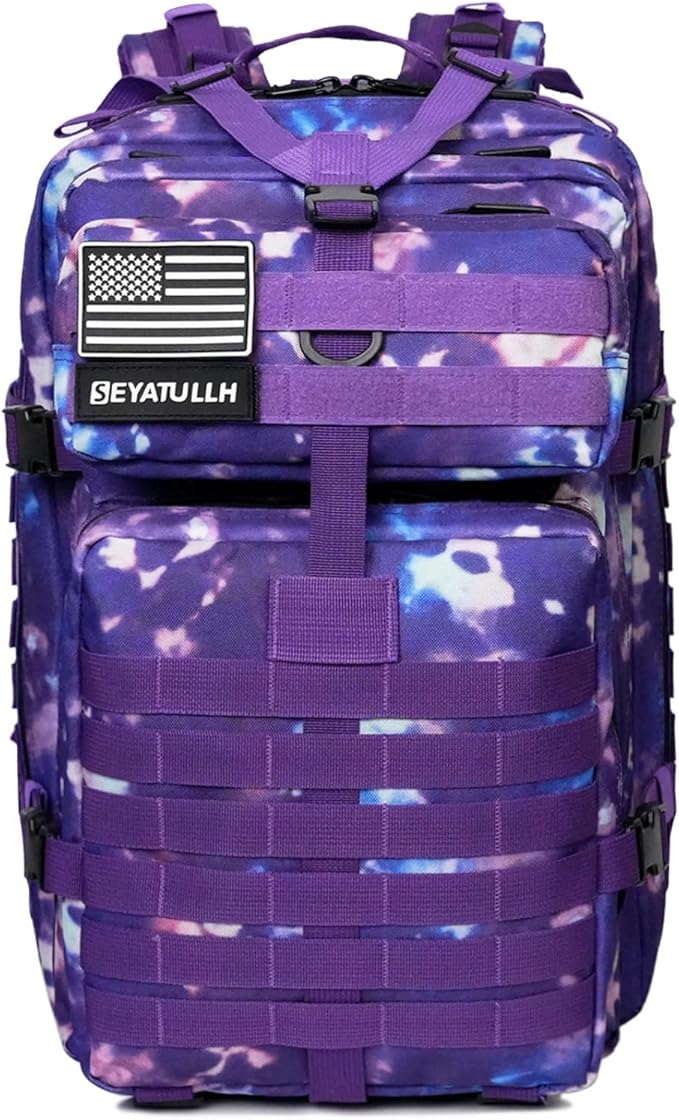 45L Military Tactical Backpack for Men & Women Bug Out Bag Assault pack Molle Daypack Hiking Trekking Rucksack (Purple tie-dye)