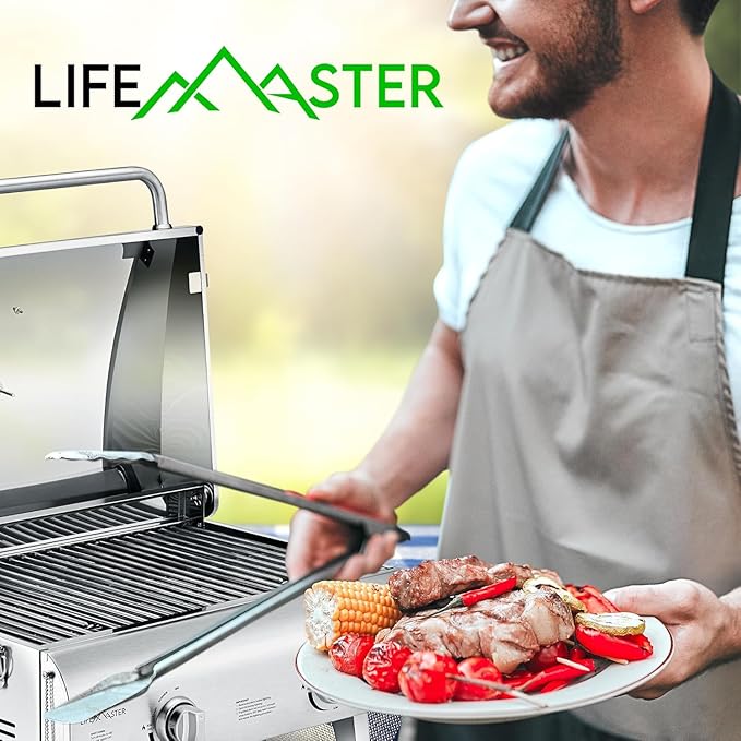 Lifemaster Portable Stainless Steel Gas Grill - 2 Burners Easy Clean Tabletop BBQ Propane Gas Grill with Foldable Legs and Wind Proof Lid for Camping and Outdoor - Silver
