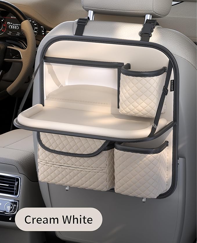 Leather Backseat Car Organizer with Tray & Cup Holder - Car Seat Organizer for Kids, Women, Road Trip Essentials for SUVs, Trucks and Cars (Beige)