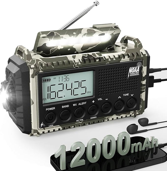Hand Crank Solar Emergency Radio with 2X Faster Crank,Clear Signal& 12000mAh Battery Operated,Auto NOAA Weather Alert/SW/AM/FM Portable Radio with 6-Way Power,Flashlight, Phone Charger,SOS Alarm