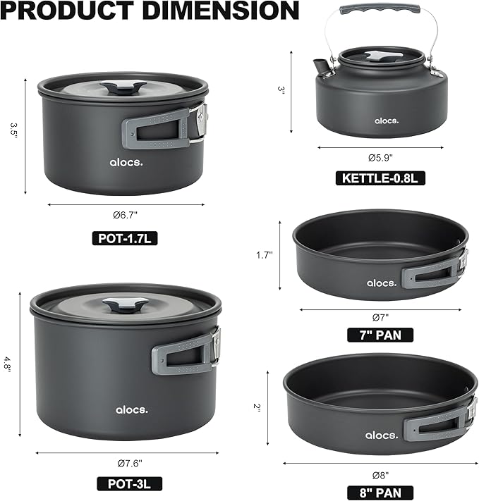 Alocs Camping Cookware Set - Lightweight Camping Pots and Pans - Portable Outdoor Cookware with Kettle - Camping Cookware Mess Kit for 2