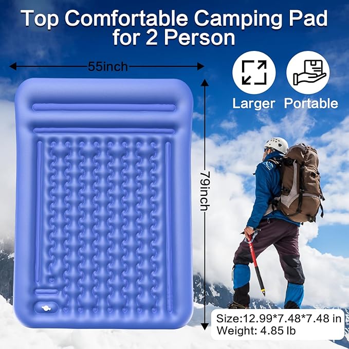 Double Sleeping Pad for Camping, Extra Thick 5 Inch Self-Inflating 2 Person Camping Mattress,with Built-In Foot Pump, Insulated Inflatable Trampoline Mat for Backpacking, Hiking, Tents & Winter