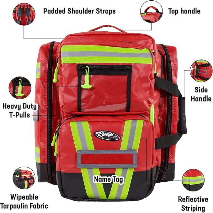 Kemp USA Heavy-Duty EMT Bag, Made with Fluid-Resistant Tarpaulin Material - Emergency Survival Kit with Room for D O2 Tank - Medical Backpack with Multiple Handles (Tarpaulin Fabric Red)
