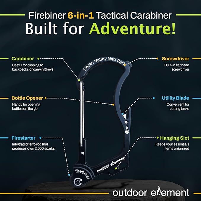 OUTDOOR ELEMENT Firebiner Custom Engraved 6-in-1 Fire Starter Carabiner Multitool – Survival Gear EDC Keychain with Utility Blade, Bottle Opener, Screwdriver, Emergency Tool