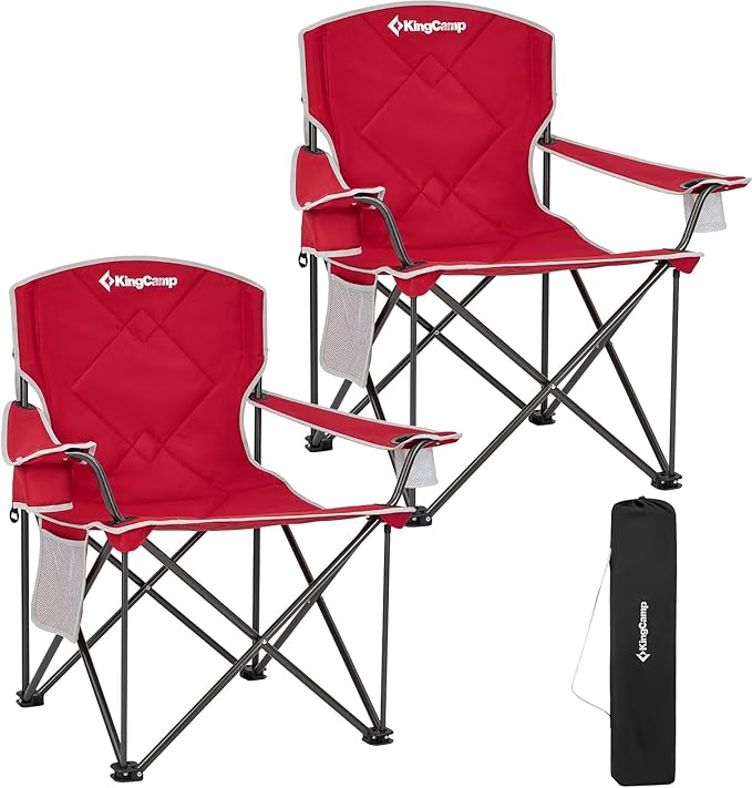 KingCamp 2pack Red Oversized Camping Chair with Cup Holder & 3 Storage Pockets - Heavy-Duty 360lbs Capacity Folding Lawn Chair, Portable Compact Foldable Outdoor Chair for Camping, Fishing, BBQ