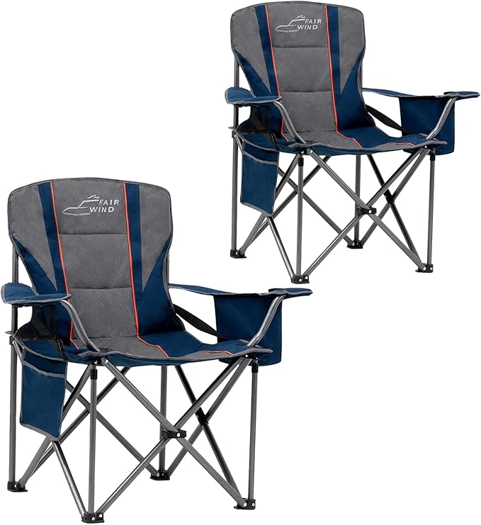 FAIR WIND 2 Pack Padded Camping Chair 500LBS Capacity Heavy Duty Oversized Folding Chair for Heavy People Portable Lawn Chair with Adjustable Lumbar Support, Cooler Bag & Cup Holder for Outdoor, Beach