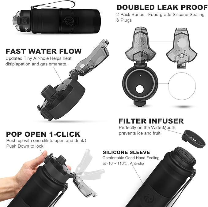 ZORRI Sports Water Bottle, 400/500/700ml/1L, BPA Free Leak Proof Tritan Lightweight Bottles for Outdoors,Camping,Cycling,Fitness,Gym,Yoga- Kids/Adults Drink Bottles with Filter, Lockable Pop Open Lid