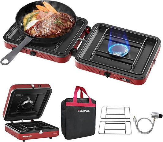 CAMPLUX FoldGo 2 Burner Portable Camping Stove 17,200 BTU, Foldable Propane Stove for Outdoor Cooking with Carry Bag, Portable Gas Stove with 2 Adjustable Burners, Red