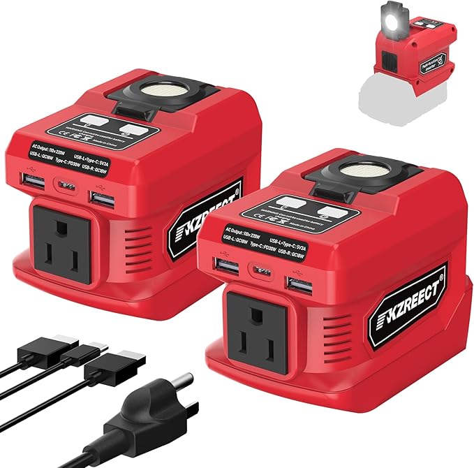 2 Pack Kzreect 220W Power Inverter Compatible with Milwaukee 18V Batteries (Battery Not Included), DC to 110V AC Converter with 1 AC Outlet, USB-C, Dual USB-A & 400LM LED – Camping, Emergency Use