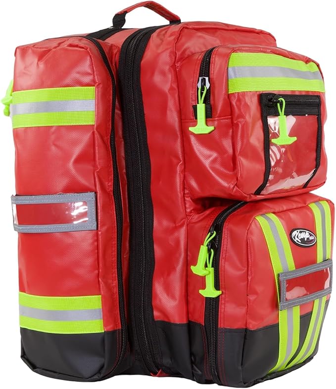 Kemp USA Heavy-Duty EMT Bag, Made with Fluid-Resistant Tarpaulin Material - Emergency Survival Kit with Room for D O2 Tank - Medical Backpack with Multiple Handles (Tarpaulin Fabric Red)