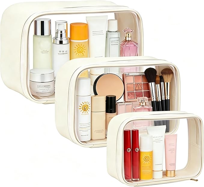 Travel Clear Makeup Bag Set for Women, 3 Pack Travel Size Toiletry Bag with Zipper Small Makeup Pouch for Purse Waterproof Portable Cosmetic Case Compact Car Organizer Storage Bag (Beige Set)