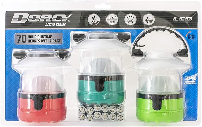 Dorcy 4 LED Mini Lantern 3 Pack with Hanging Hooks and Batteries, Assorted Colors, clear (41-3019)