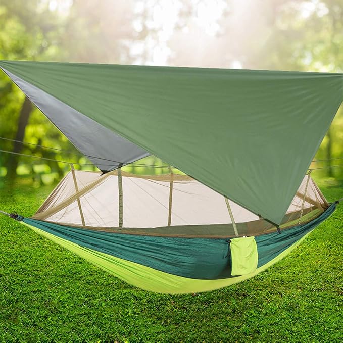 Camping Hammock, Double & Single Portable Hammock with Tree Straps, Lightweight Nylon Hammock Swing Set with Net and Rain Fly Tarp and Pocket for Backpacking Hiking Travel Outdoor(Light Green)