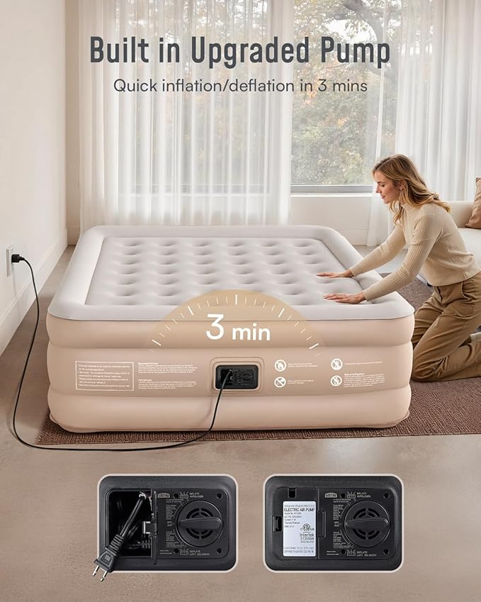 Airefina Air Mattress Queen with Built-in Pump, 18" Raised Inflatable Blow Up Mattress with Luxury Carry Bag, Upgraded Stable Honeycomb Coil Support, Air Bed for Home, Guest, Colchones Inflables
