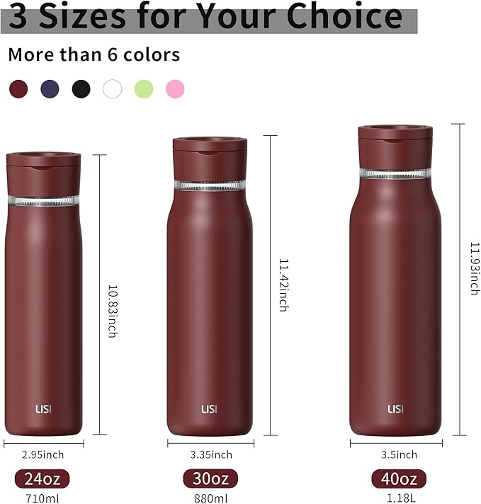 LISI 40oz Insulated Water Bottle, Double Wall Stainless Steel Water Bottles with Straw, 100% Leak-Proof Travel Thermal Canteen Mug with 2 Lids (Straw, Phone Holder Lid)