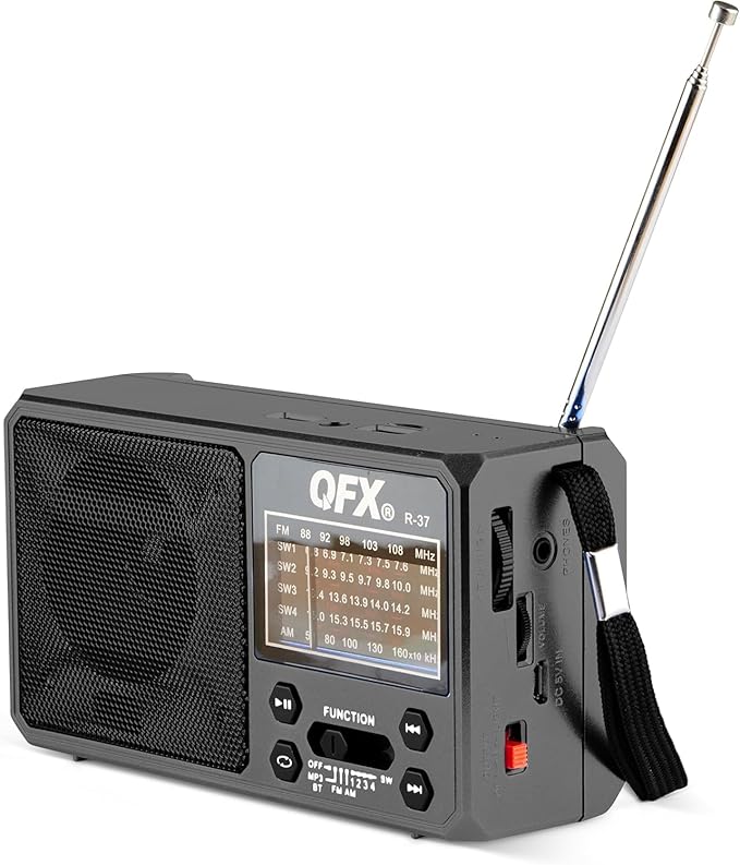 QFX R-37 6-Band (AM, FM, SW1 - SW4) Bluetooth LED Flashlight Solar Radio (2021 Model)