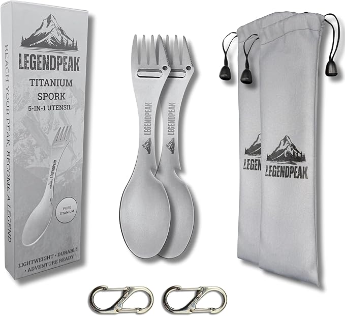 Titanium Spork 5-in-1 Camping Utensil Set 2-Pack – Ultralight Backpacking Silverware with Knife, Bottle Opener & Peeler, Includes Individual Travel Pouches & Carabiners