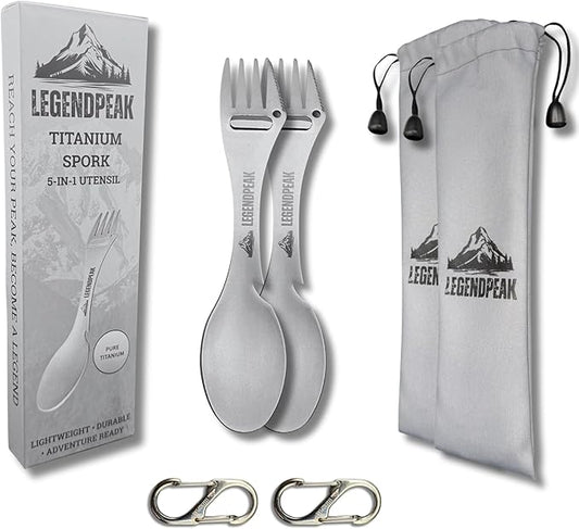 Titanium Spork 5-in-1 Camping Utensil Set 2-Pack – Ultralight Backpacking Silverware with Knife, Bottle Opener & Peeler, Includes Individual Travel Pouches & Carabiners