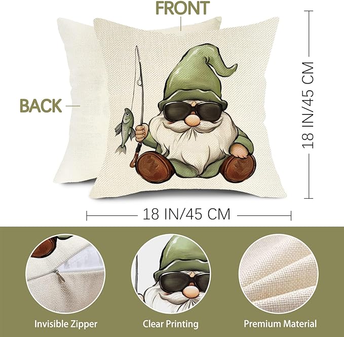 Happy Camper Gnome Green Decorative Throw Pillow Covers 18 x 18 Set of 4, Camping Life is Better Around The Campfire Porch Outdoor Home Decor, Adventure Campsite Mountain Couch Cushion Case