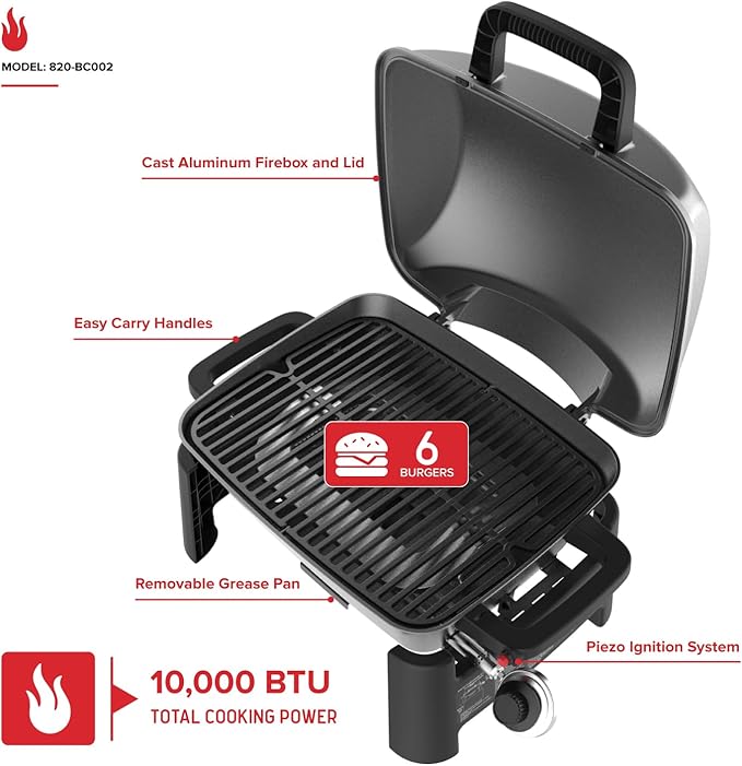 Nexgrill 1-Burner Portable Propane Gas Grill with Lid, Piezo Ignition, 10,000 BTUs, 183 SQ In, Compact Tabletop Grill for Outdoor Cooking, Camping, Tailgating, Gardens, Patios, and More - 820-BC002