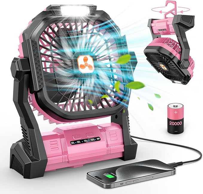 ONLYNEW Portable Fan Rechargeable, 20000mAh Cordless Battery Powered Table Fan with LED Lantern, USB C Battery Operated for Camping Tent Office Beach Desk Fishing Travel Home