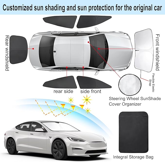6PCS Windshield Sun Shade Custom Fit for 2023 2024 2025 Tesla Model S Accessories Foldable Sunshade Side Rear Window Shade Cover Full Set Privacy Protection Keeps Car Cool