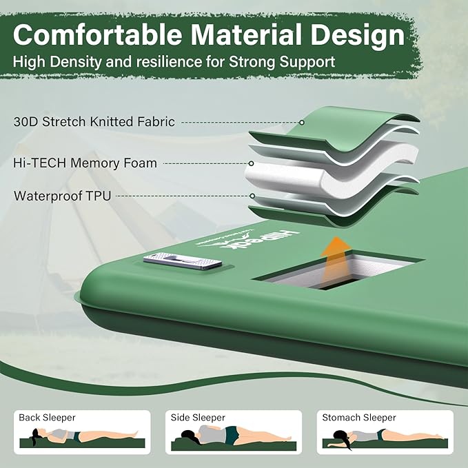 HiiPeak Double Camping Sleeping Pad with Electric Pump, 3" Thick 2 Person Self Inflating Memory Foam Mattress Pad with Pillow, Portable Sleeping Mat for Travel, Car, Tent, Full Size (Green)