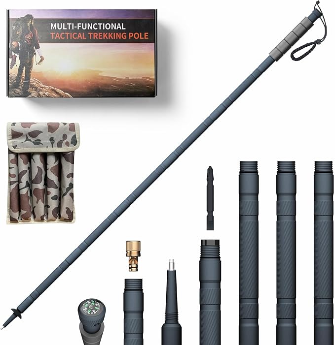 GoldPig 48" Modular Aluminum Tactical Hiking Stick – 6-Piece Walking Stick with Compass, Screwdriver & Whistle, Tungsten Tip, Carry Pouch for Trail, Travel & Everyday Walks