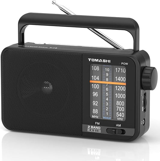 TOMASHI Portable Radio am fm,Transistor Radio with Best Reception,Large Tuning Knob,Battery Operated by 3 D Cell Batteries or AC Power,Big Speaker,Suit for Senior and Home (Black)
