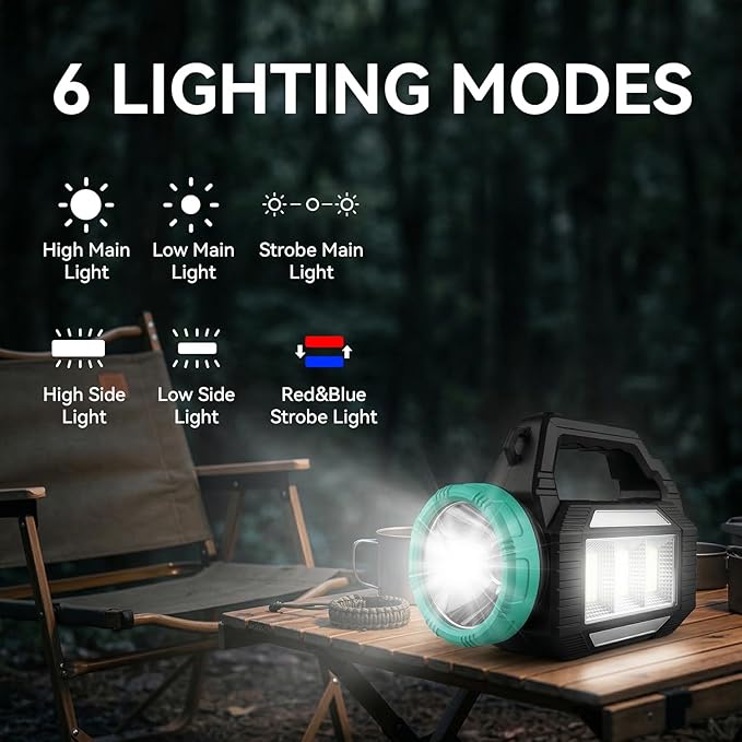 Solar Flashlight, Rechargeable Flashlights, 6 Lighting Modes LED Camping Lantern with Emergency Strobe Light, Type-C&Solar Charging, Emergency Power Supply for Outdoor, Home, Camping, Power Outages