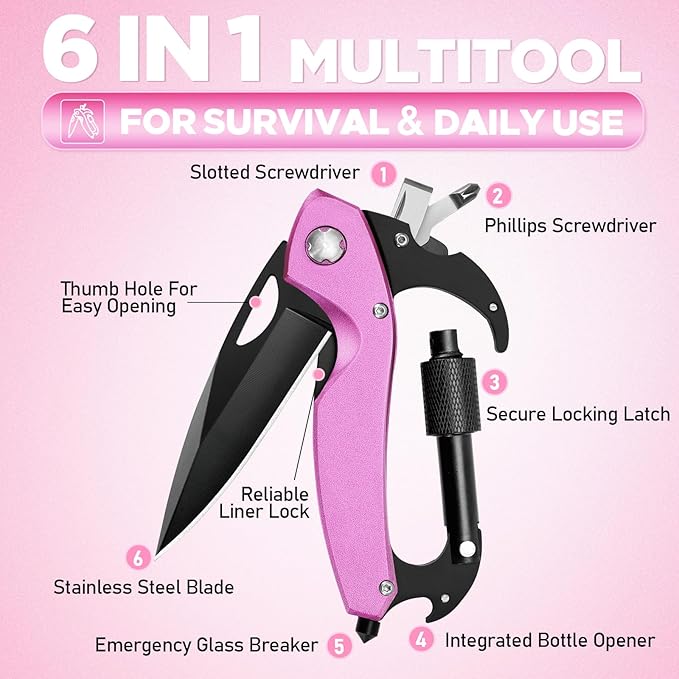 Valentines Day Gifts for Her, Multitool Carabiner, Birthday Gifts for Women Mom Wife, 6-in-1 Keychain Multi Tools With Window Breaker, Bottle Opener And Screwdriver, Survival Gear for Camping Hiking