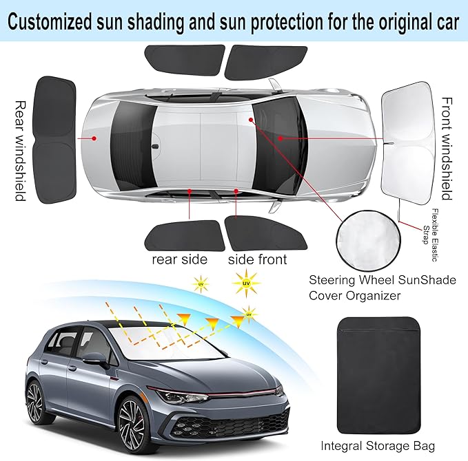 6PCS Windshield Sun Shade Custom Fit for 2022-2025 Volkswagen VW Golf Mk8 Accessories Foldable Sunshade Side Rear Window Shade Cover Full Set Privacy Protection Keeps Car Cool