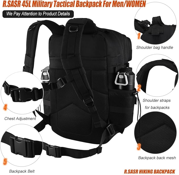 45L Tactical Backpack for Men Women, Military Assault Pack with MOLLE, Large 3 Day Bug Out Bag for Hiking Camping