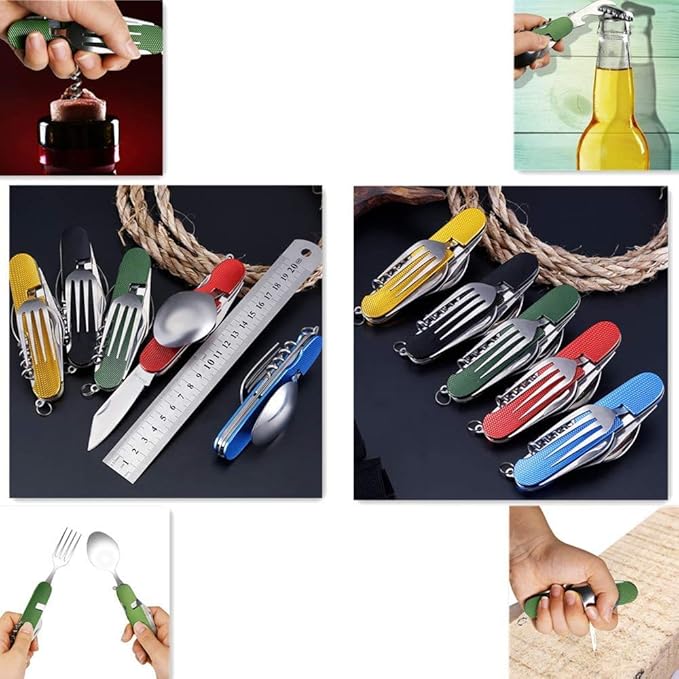 6-in-1 Multi-Function Camping Utensil Flatware Set Detachable Spoon Fork Knife Combo Mess Kit with Carrying Pouch (Black + Gold + Green)