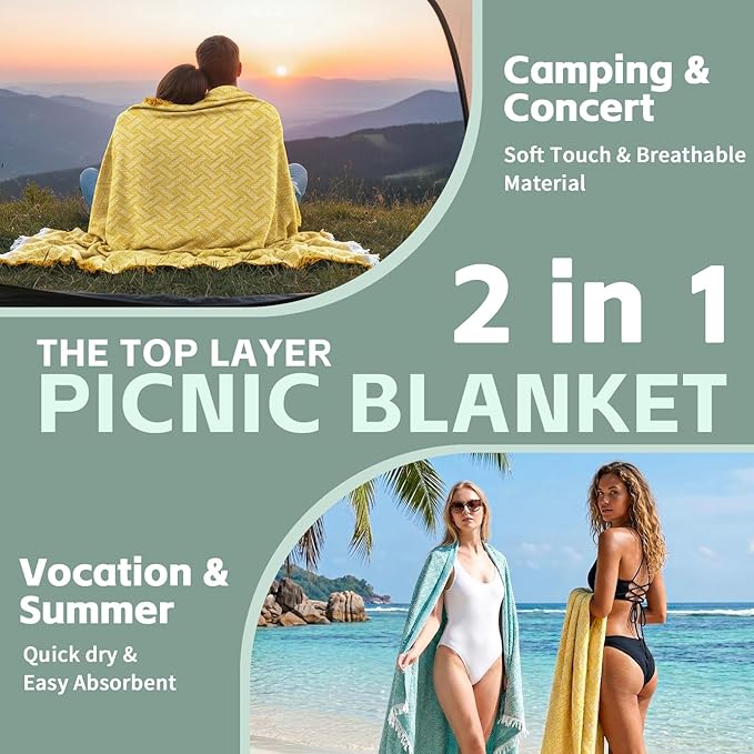2 in 1 Extra Large Outdoor Picnic Blanket Camping Mat Lightweight Oversized Giant Turkish Boho Beach Mexican Serape Baja Cobijas Mexicanas para Mesa Park Stadium Outside Festival Grass Hammock