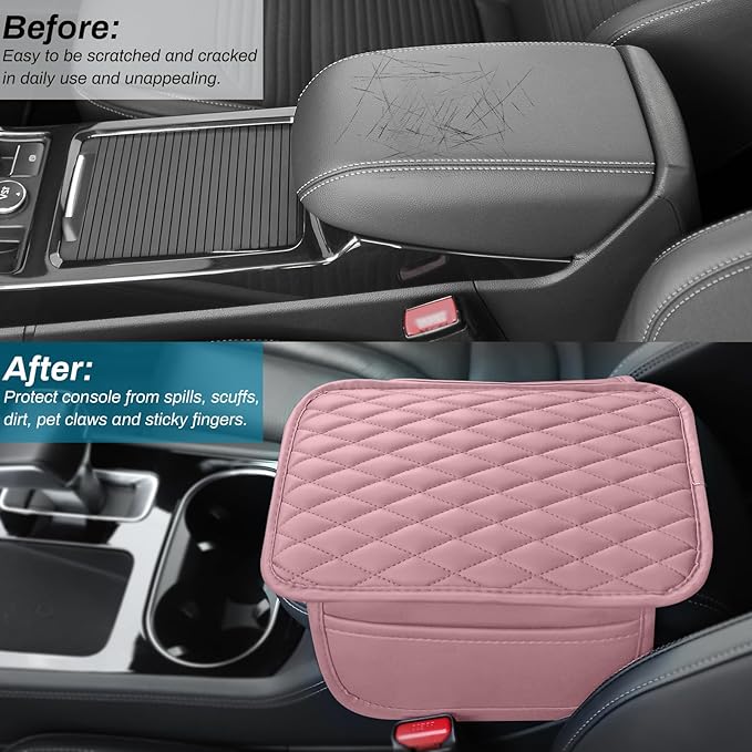 Car Center Console Cover, Upgraded Microfiber Leather Car Arm Rest Cover with 2 Storage Bags, Universal Armrest Cover for Car Storage Box Car Interior Accessories Protector for Most Vehicle-Pink