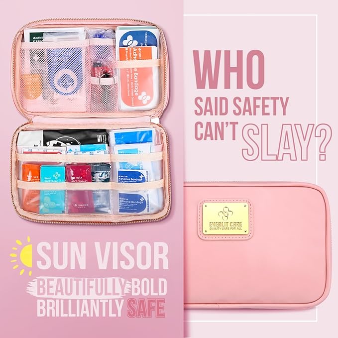 EVERLIT CARE Car First Aid Kit with Emergency Supplies Survival Gear Including Window Breaker Disposable Urine Bag Mountable Survival Kit for Family Travel in Car (Pink)