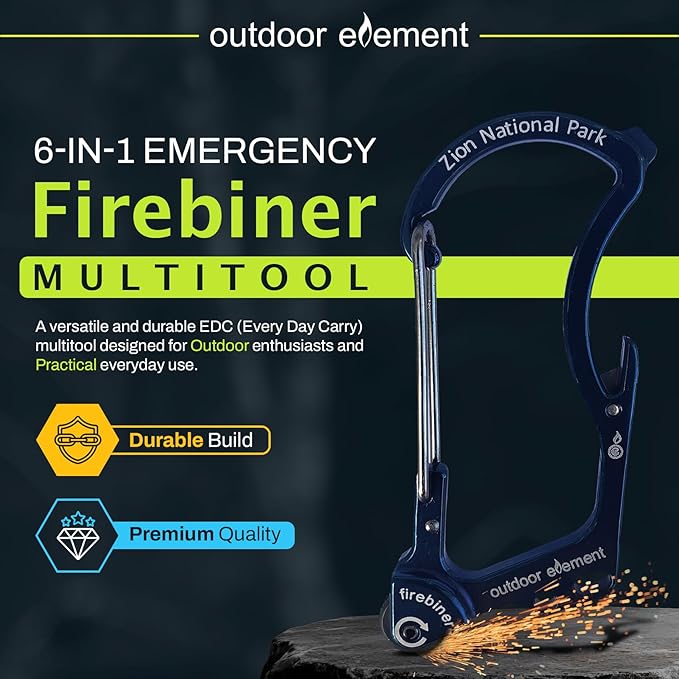 OUTDOOR ELEMENT Firebiner Custom Engraved 6-in-1 Fire Starter Carabiner Multitool – Survival Gear EDC Keychain with Utility Blade, Bottle Opener, Screwdriver, Emergency Tool