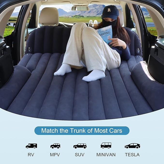 Ciremiv SUV Air Mattress with Double-Sided-Thick Flocked,Car Mattress with Pump & Pillow,Leakproof Durable Car Air Mattress,Car Bed for Auto Camping,Road Trip，Double-Sided Flocking（Black+Grey）