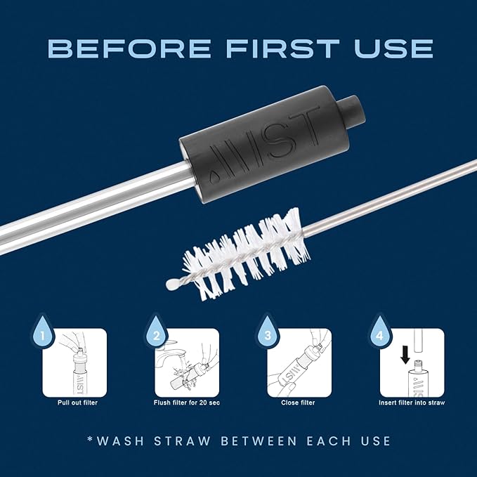 Mist Reusable Straw, Collapsible Reusable Metal Water Filtering Straw Removes Chlorine & Odor, BPA-Free, Portable, Stainless Steel, Filter Straw With Carry Case, Brush, Travel-Friendly, Black