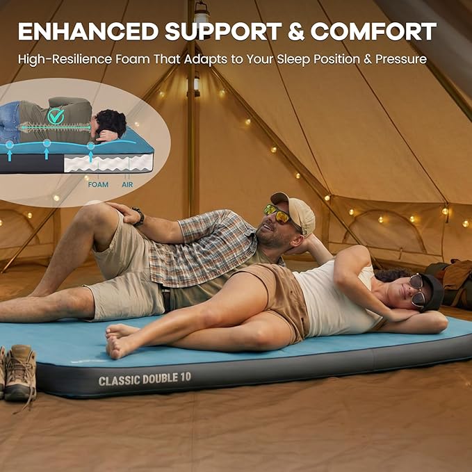 FUNDANGO 4'' Thick Self Inflating Sleeping Pad with Foam, 8.7 R Value, XL Double Mattress, Outdoor Portable Camping Air Mat for Tent, Car or Home